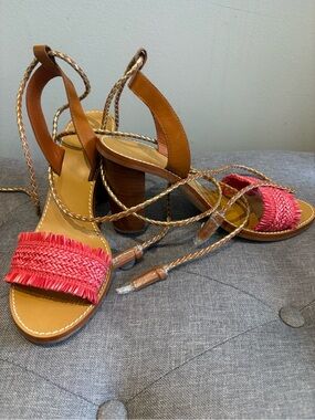 J. Crew Women’s Tan Leather Block Heel Sandals with Pink Braided Strap